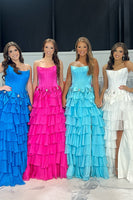 Load image into Gallery viewer, Blue Ruffled Strapless A-Line Long Corset Prom Dress with Bows