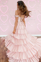 Load image into Gallery viewer, Sparkly Pink Ruffled Off the Shoulder A-Line Long Corset Prom Dress with Beading