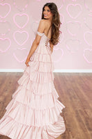 Load image into Gallery viewer, Sparkly Pink Ruffled Off the Shoulder A-Line Long Corset Prom Dress with Beading