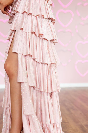 Sparkly Pink Ruffled Off the Shoulder A-Line Long Corset Prom Dress with Beading