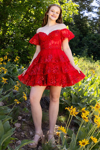 Sparkly Red Off the Shoulder Tulle A-Line Short Corset Prom Dress with Sequins