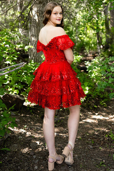 Sparkly Red Off the Shoulder Tulle A-Line Short Corset Prom Dress with Sequins