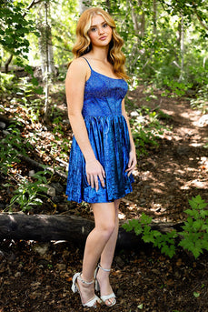 Sparkly Royal Blue A Line Spaghetti Straps Short Corset Prom Dress with Beadings
