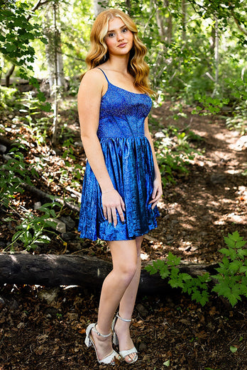 Sparkly Royal Blue A Line Spaghetti Straps Short Corset Prom Dress with Beadings