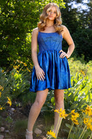 Load image into Gallery viewer, Sparkly Royal Blue A Line Spaghetti Straps Short Corset Prom Dress with Beadings