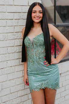 Sparkly Sage Spaghetti Straps Tight Short Corset Prom Dress with Appliques