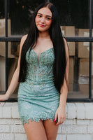 Load image into Gallery viewer, Sparkly Sage Spaghetti Straps Tight Short Corset Prom Dress with Appliques