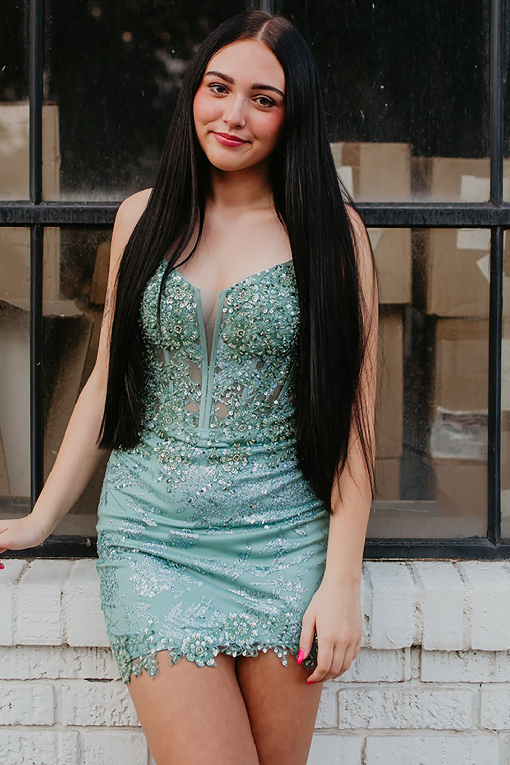 Sparkly Sage Spaghetti Straps Tight Short Corset Prom Dress with Appliques
