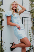 Load image into Gallery viewer, Sparkly Light Blue Square Neck Sequin Puff Sleeves Tight Short Prom Dress