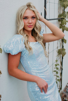 Sparkly Light Blue Square Neck Sequin Puff Sleeves Tight Short Prom Dress