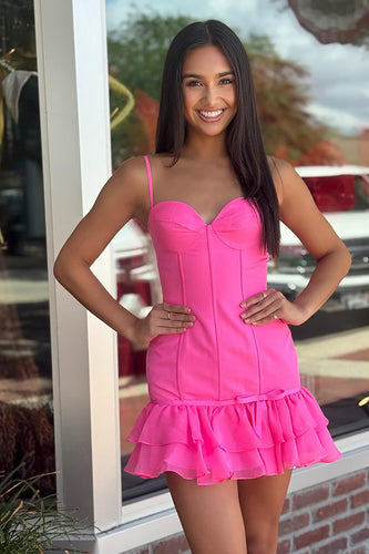 Fuchsia Spaghetti Straps Tight Short Prom Dress with Ruffles