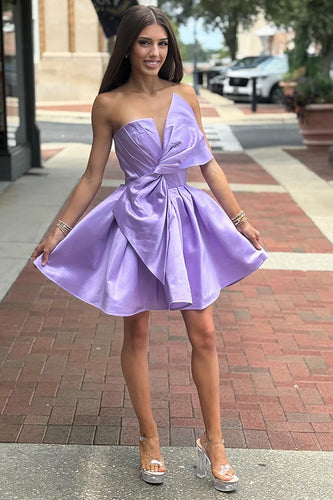 Lilac Satin Strapless A-Line Short Prom Dress with Bow