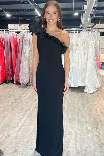 Black Satin One Shoulder Mermaid Long Prom Dress with Ruffles