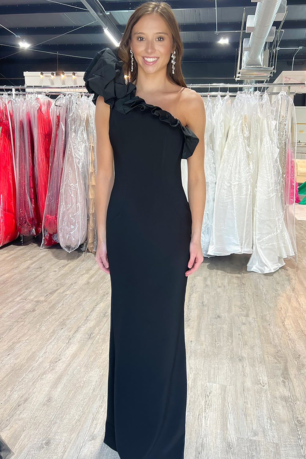 Black Satin One Shoulder Mermaid Long Prom Dress with Ruffles
