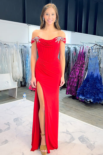 Red Off the Shoulder Satin Mermaid Long Corset Prom Dress with Slit