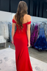 Load image into Gallery viewer, Red Off the Shoulder Satin Mermaid Long Corset Prom Dress with Slit