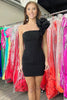 Load image into Gallery viewer, Simple Black Satin One Shoulder Tight Short Prom Dress with 3D Flower