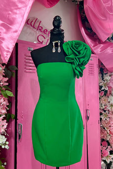 Simple Black Satin One Shoulder Tight Short Prom Dress with 3D Flower