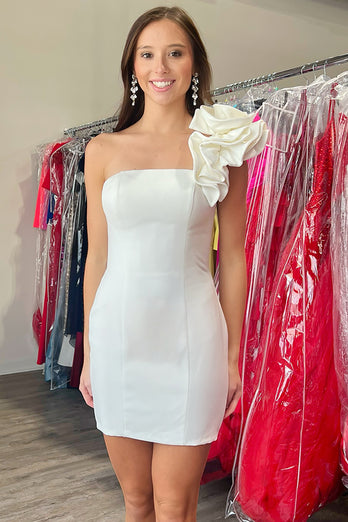 Simple Black Satin One Shoulder Tight Short Prom Dress with 3D Flower