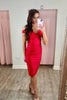 Load image into Gallery viewer, Simple Red Satin Off the Shoulder Midi Tight Prom Dress