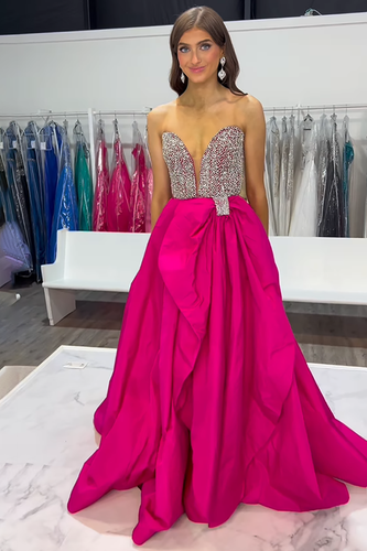 Sparkly Fuchsia Satin A Line V Neck Long Prom Dress with Beading