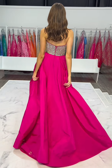 Sparkly Fuchsia Satin A Line V Neck Long Prom Dress with Beading