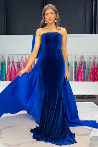 Royal Blue Strapless Velvet Mermaid Long Prom Dress with Bow