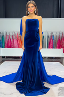 Load image into Gallery viewer, Royal Blue Strapless Velvet Mermaid Long Prom Dress with Bow