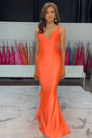 Load image into Gallery viewer, Orange Mermaid V-Neck Satin Long Prom Dress with Bow