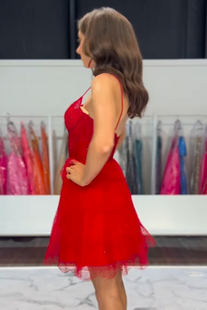 Sparkly Red Spaghetti Straps Tulle A-Line Short Corset Prom Dress with Beading