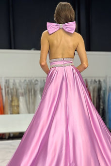 Sparkly Lilac A-Line Satin Halter Long Prom Dress with Beading
