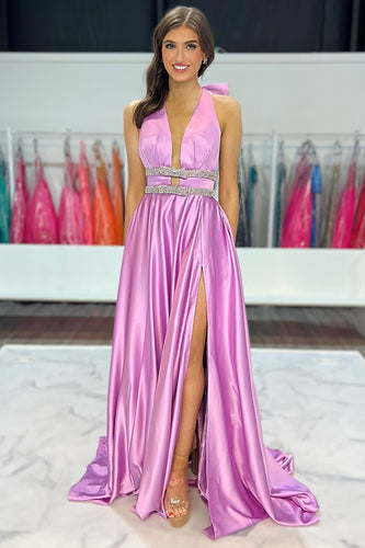 Sparkly Lilac A-Line Satin Halter Long Prom Dress with Beading