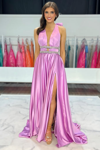 Sparkly Lilac A-Line Satin Halter Long Prom Dress with Beading
