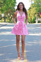 Load image into Gallery viewer, Red Satin V-Neck A-Line Short Prom Dress with Bow