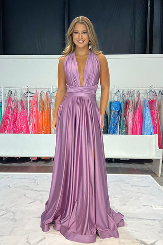 Simple Purple V-Neck Satin A-Line Long Prom Dress
