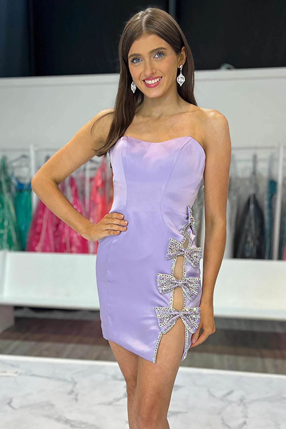 Sparkly Lilac Strapless Satin Tight Short Prom Dress with Bow