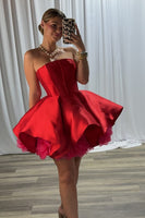 Load image into Gallery viewer, Simple Red Strapless Satin A-Line Short Corset Prom Dress