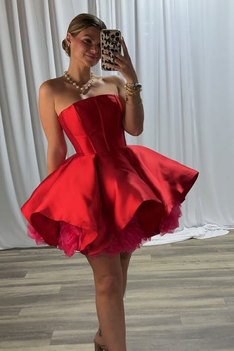 Simple Red Strapless Satin A-Line Short Corset Prom Dress
