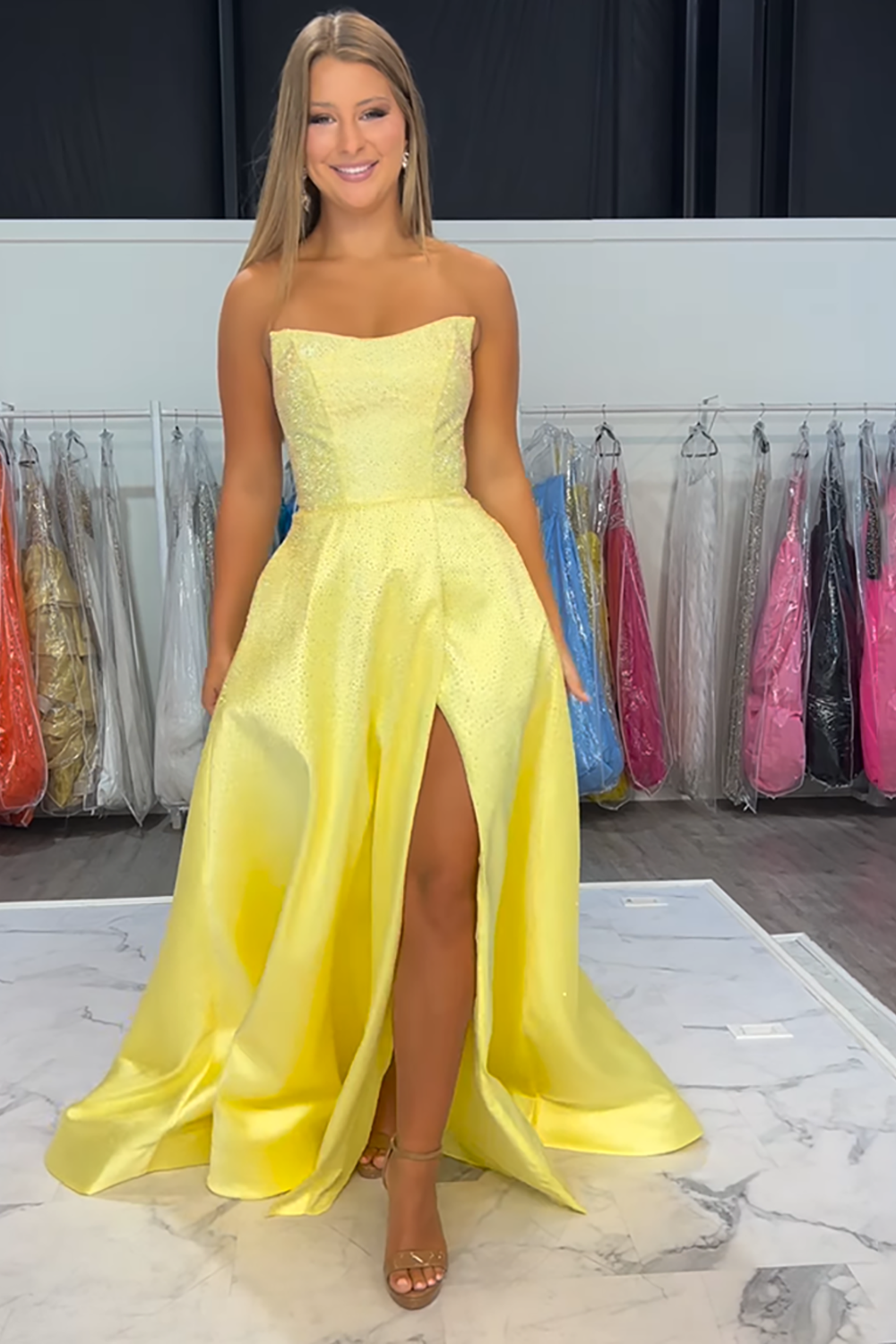 Sparkly Yellow A-Line Strapless Satin Long Prom Dress with Beading