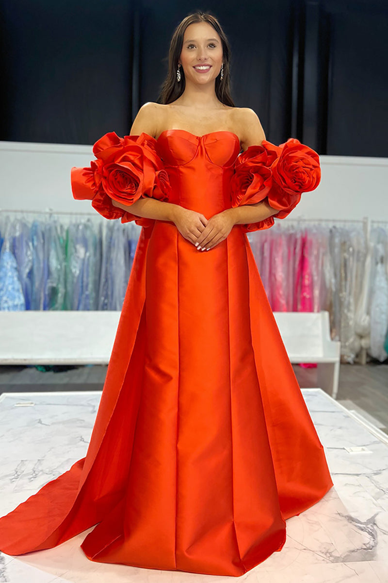 Load image into Gallery viewer, Red Satin Strapless Detachable Cape Long Prom Dress with 3D Flowers