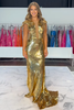 Load image into Gallery viewer, Sparkly Gold Mermaid V-Neck Sequin Cap Sleeves Long Prom Dress