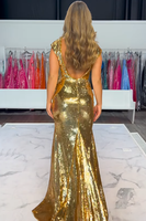 Load image into Gallery viewer, Sparkly Gold Mermaid V-Neck Sequin Cap Sleeves Long Prom Dress