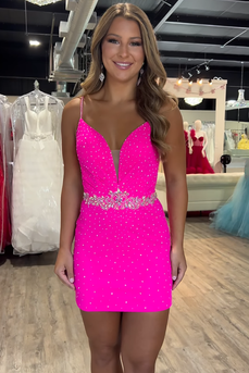 Sparkly Fuchsia Spaghetti Straps Tight Short Beaded Prom Dress