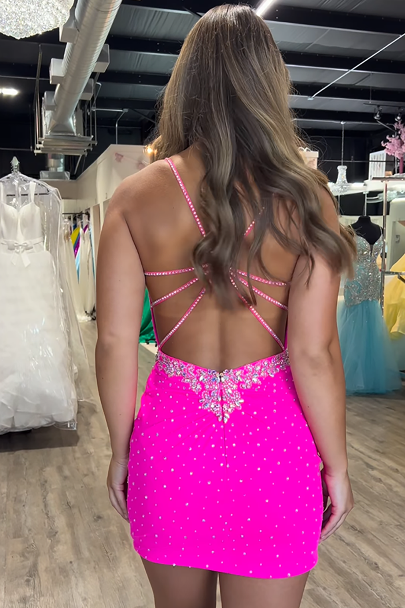 Load image into Gallery viewer, Sparkly Fuchsia Spaghetti Straps Tight Short Beaded Prom Dress