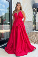 Load image into Gallery viewer, Red Satin A-Line Strapless Long Prom Dress with Bow