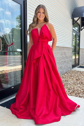 Red Satin A-Line Strapless Long Prom Dress with Bow