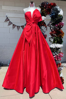 Red Satin A-Line Strapless Long Prom Dress with Bow