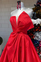 Load image into Gallery viewer, Red Satin A-Line Strapless Long Prom Dress with Bow