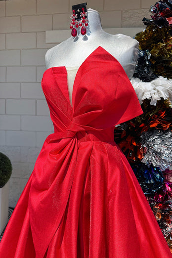 Red Satin A-Line Strapless Long Prom Dress with Bow