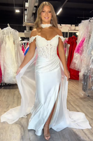Load image into Gallery viewer, White Off the Shoulder Detachable Cape Satin Mermaid Long Prom Dress with Slit
